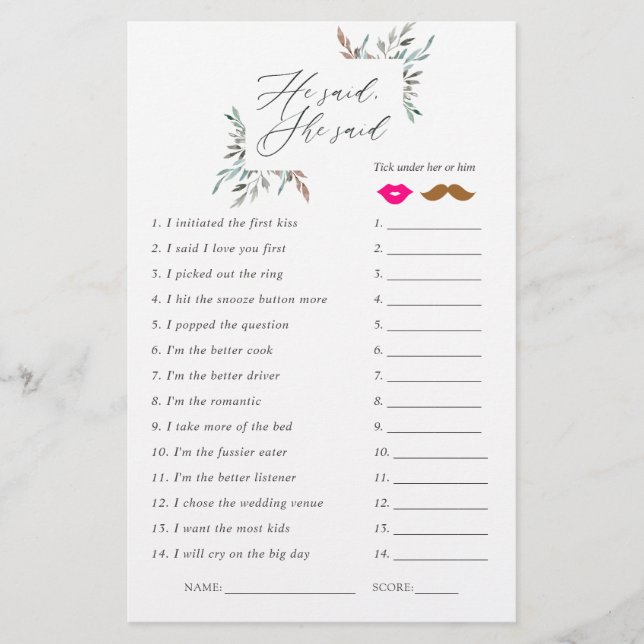Rustic Greenery Winter Bridal Shower Game (Front)