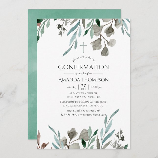 Rustic Greenery Winter Confirmation Invitation (Front/Back)