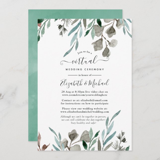 Rustic Greenery Winter Online Virtual Wedding Invitation (Front/Back)
