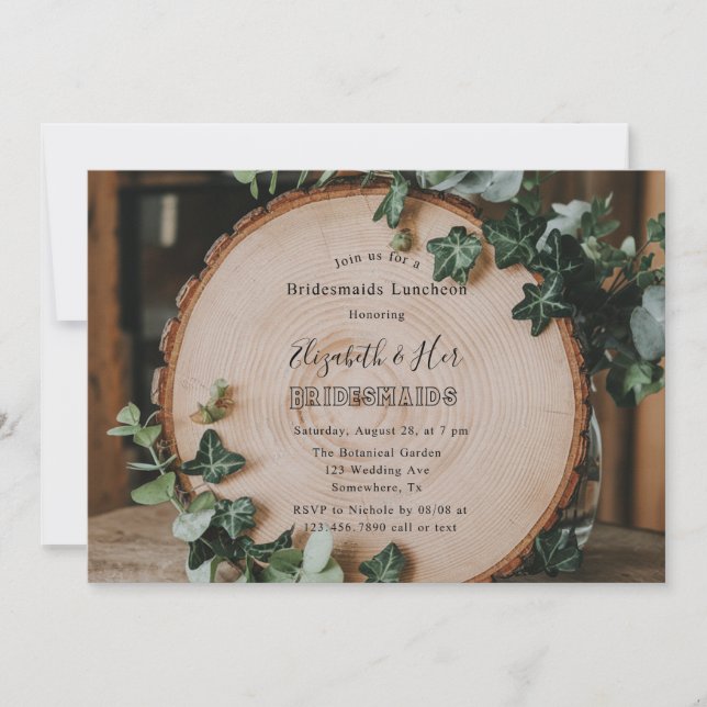 Rustic Greenery & Wood Slice Bridesmaids Luncheon Invitation (Front)