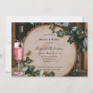 Rustic Greenery & Wood Slice Brunch & Bubbly Invitation