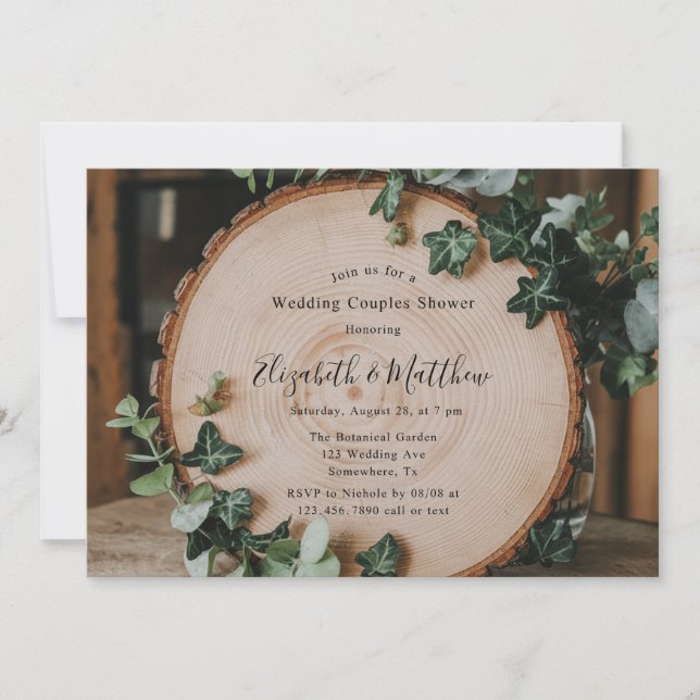 Rustic Greenery & Wood Slice Wedding Couple Shower Invitation (Front)