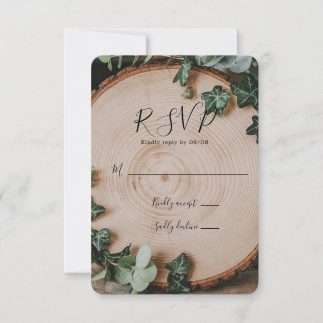 Rustic Greenery & Wood Slice Wedding RSVP Card (Front)