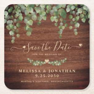 Rustic Greenery Wood Wedding Save The Date Square Paper Coaster