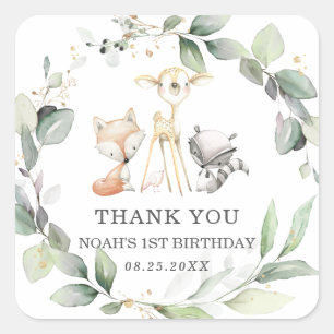 Rustic Greenery Woodland Animals Thank You Favour Square Sticker