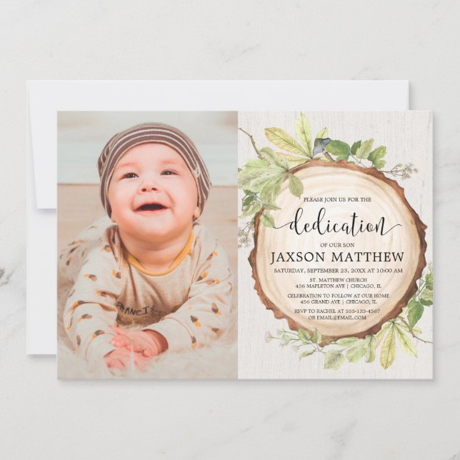 Rustic greenery woodland dedication photo invitation (Front)