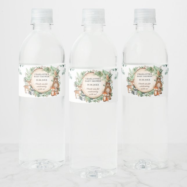 Rustic Greenery Woodland Forest Baby Shower Favour Water Bottle Label (Bottles)