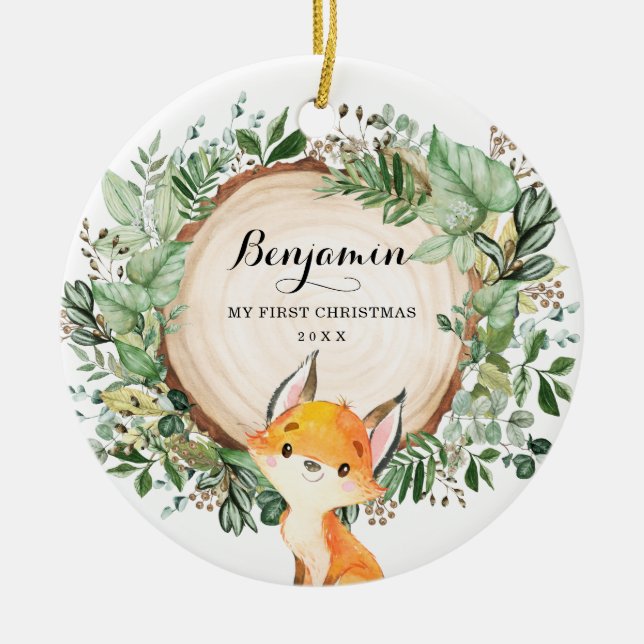 Rustic Greenery Woodland Fox Baby First Christmas  Ceramic Ornament (Front)