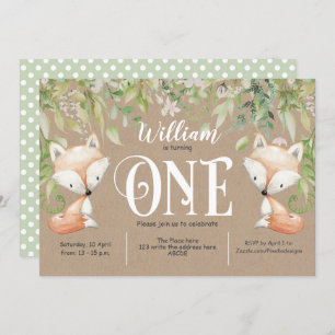 Rustic, Greenery, Woodland Fox, Boy 1st Birthday Invitation