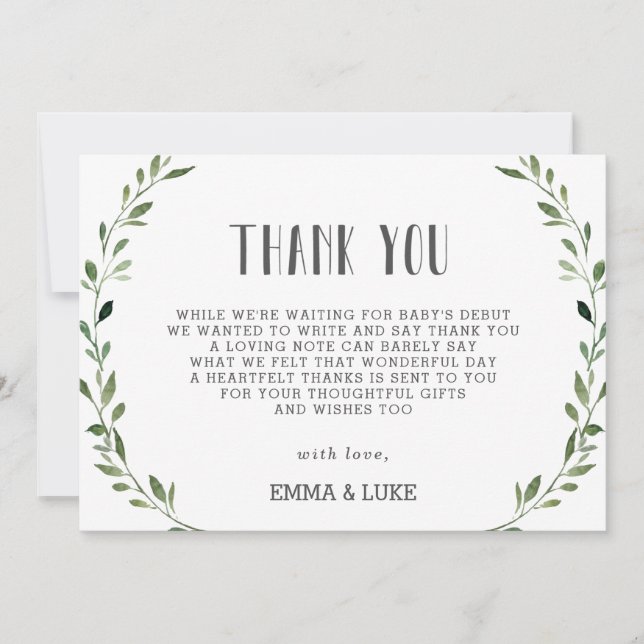 Rustic Greenery Wreath Baby Shower Gender Neutral Thank You Card (Front)