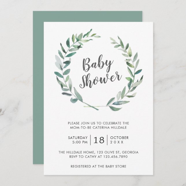 Rustic Greenery Wreath Gender Neutral Baby Shower Invitation (Front/Back)
