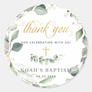 Rustic Greenery Wreath Gold Christening Thank You Classic Round Sticker