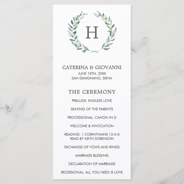 Rustic Greenery Wreath Monogram Elegant Wedding Program (Front)