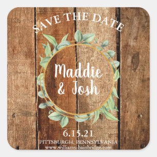 Rustic Greenery Wreath on Barn Wood Save the Date Square Sticker