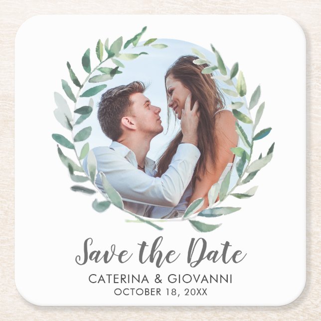 Rustic Greenery Wreath Photo Wedding Save the Date Square Paper Coaster (Front)