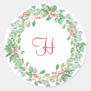 Rustic Greenery Wreath Red Monogram Christmas Classic Round Sticker