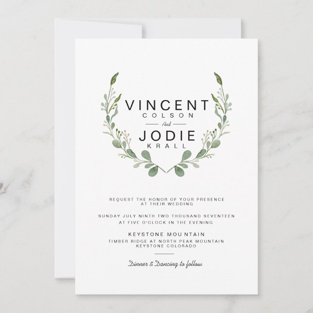 Rustic Greenery Wreath Watercolor Wedding Invite (Front)