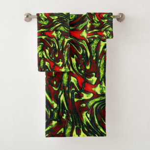 Rustic greenish yellow and vivid red curves bath towel set