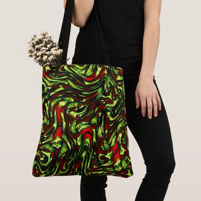 Rustic greenish yellow and vivid red curves tote bag (Close Up)