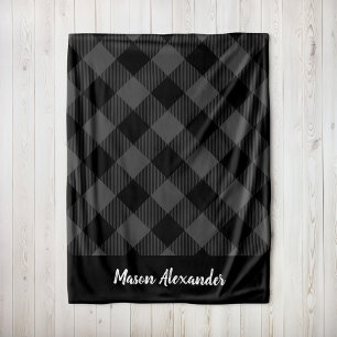 Rustic Grey and Black Buffalo Check Monogram Fleece Blanket