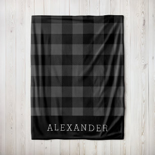 Rustic Grey and Black Buffalo Check Monogram Fleece Blanket