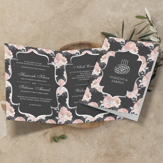 Rustic Grey and Blush Pink Roses Muslim Wedding Invitation (Creator Uploaded)