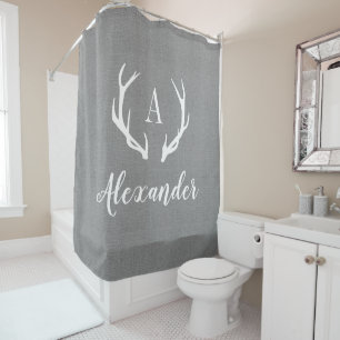 Rustic Grey Antler Monogram   Farmhouse Bathroom Shower Curtain