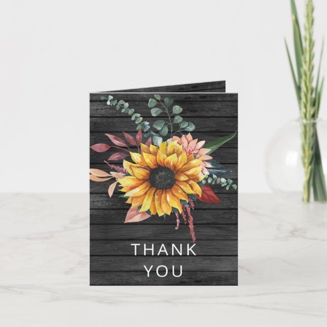 Rustic Grey Barn Wood Country Sunflowers Thank You Invitation (Front)