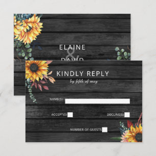 Rustic Grey Barn Wood Country Sunflowers Wedding RSVP Card