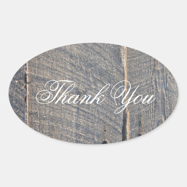 rustic grey barn wood country wedding thank you oval sticker (Front)