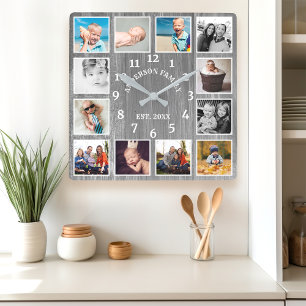 Rustic Grey Barn Wood Farmhouse 12 Photo Collage Square Wall Clock