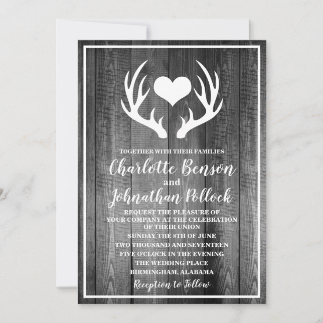 Rustic Grey Barn Wood & White Deer Antlers Wedding Invitation (Front)