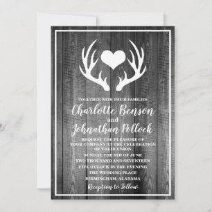 Rustic Grey Barn Wood & White Deer Antlers Wedding Invitation