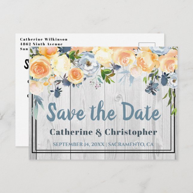 Rustic Grey Barnwood Floral Save the Date Postcard (Front/Back)