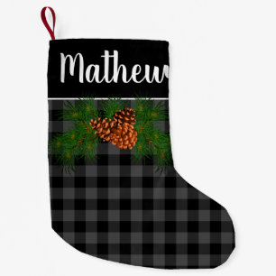 Rustic grey black buffalo plaid pine cone detail small christmas stocking