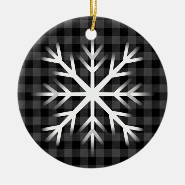 Rustic grey black plaid pattern frosty snow flake  ceramic ornament (Front)