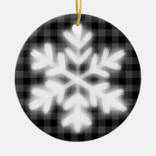 Rustic grey black plaid pattern frosty snow flake  ceramic ornament