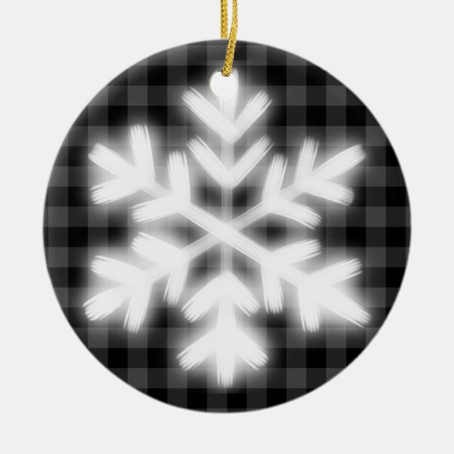 Rustic grey black plaid pattern frosty snow flake  ceramic ornament (Front)