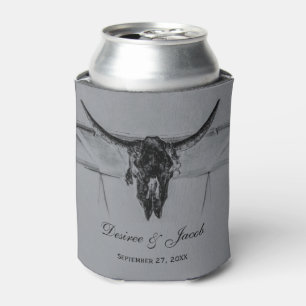 Rustic Grey Black Western Cow Skull Wedding Can Cooler