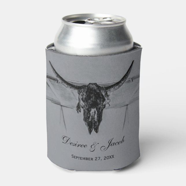 Rustic Grey Black Western Cow Skull Wedding Can Cooler (Can Front)