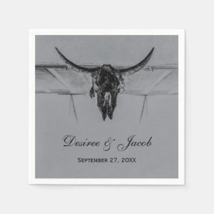 Rustic Grey Black Western Cow Skull Wedding Napkin