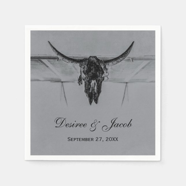 Rustic Grey Black Western Cow Skull Wedding Napkin (Front)