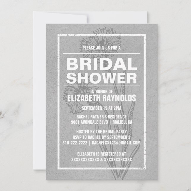 Rustic Grey Bridal Shower Invitations (Front)