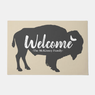 Rustic Grey Buffalo Bison & Family Name Welcome Doormat