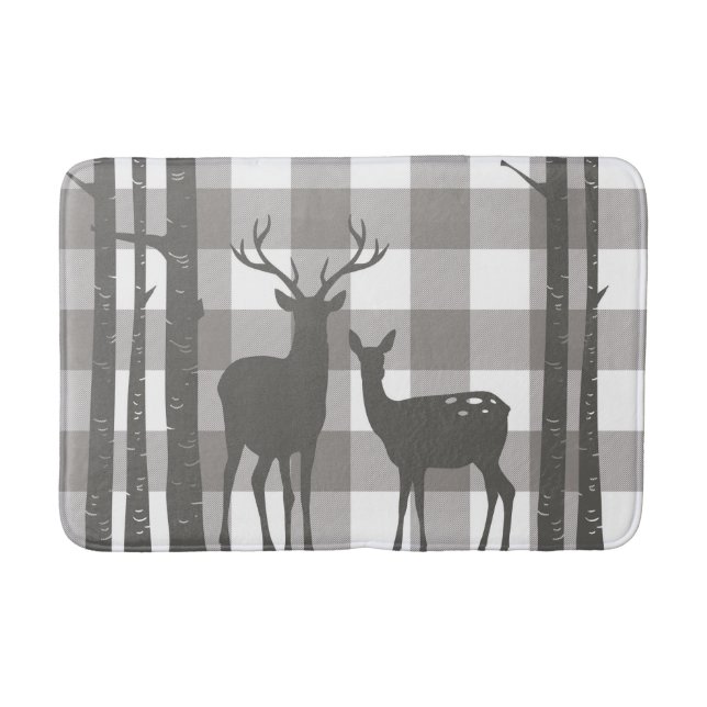 Rustic Grey Buffalo Plaid Checkers Deer & Birch Bath Mat (Front)