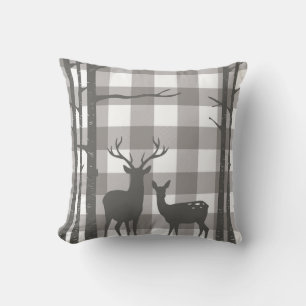Rustic Grey Buffalo Plaid Checkers Deer & Birch Cushion