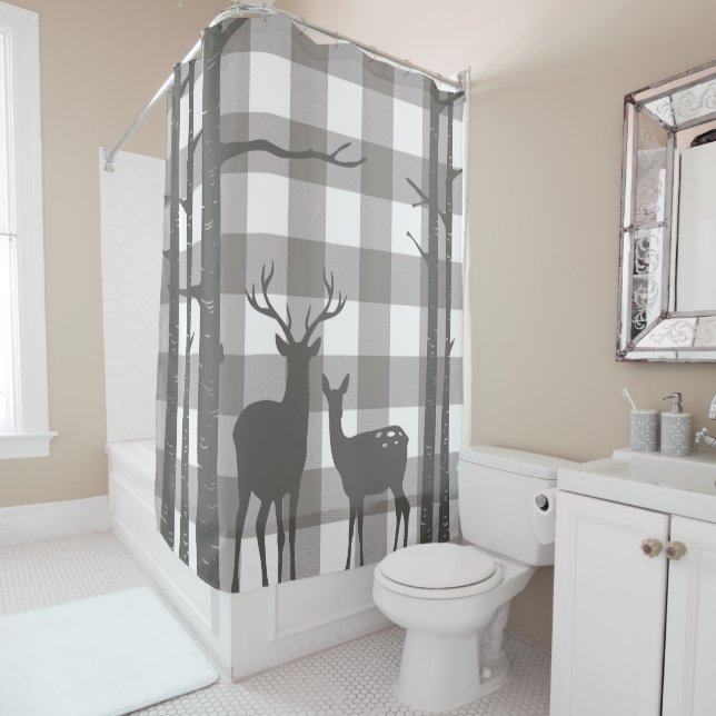 Rustic Grey Buffalo Plaid Checkers Deer & Birch Shower Curtain (In Situ)