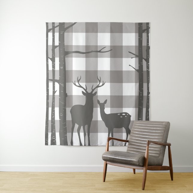 Rustic Grey Buffalo Plaid Checkers Deer & Birch Tapestry (In Situ)