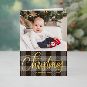 Rustic Grey Buffalo Plaid Merry Christmas Photo Foil Holiday Card