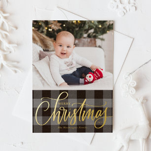 Rustic Grey Buffalo Plaid Merry Christmas Photo Foil Holiday Card